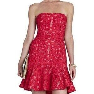 BCBGMaxAzaria Marina Strapless Mini Dress Size 6 Rio Red Ruffle Hem Party BCBG
